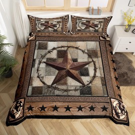 Western Texas Star Kids Duvet Cover Set King Size,Cow Fur Patchwork Rustic Farmhouse Bedding Set for Boys Girls Adults,Cowboy Wooden Plank Comforter Cover,Brown Country Quilt Cover,2 Pillowcases