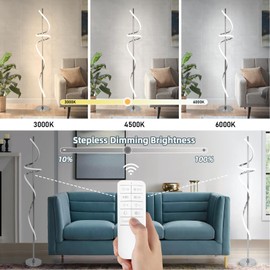 Modern Floor Lamp with Remote Control, Dimmable LED Floor Lamp for Living Room, 48W Spiral Floor Light with 3 Color Temperatures, Chrome Standing Tall Lamp for Bedroom Dining Rooms Home Offices