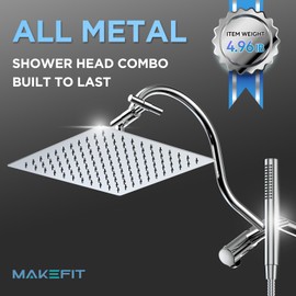 All Metal Dual Shower Heads Combo with Curved Extension Arm, 10" High Pressure Rain Shower Head with Handheld Spray, Square Adjustable Rainfall Showerhead System, 71" Extra Long Shower Hose, Chrome