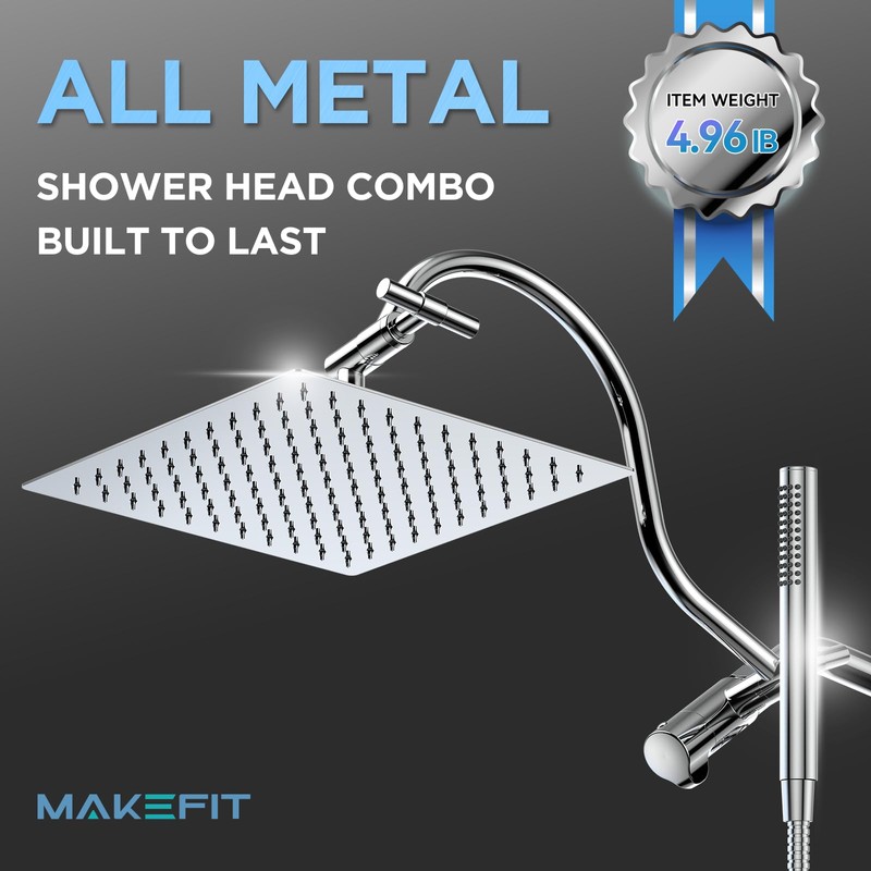 All Metal Dual Shower Heads Combo with Curved Extension Arm,