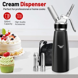 ColCospie Cream Dispenser, Cream Syphon Aluminium 500 ml for Whipped Cream, Creams, Desserts and Sauces with 3 Stainless Steel Decorative Nozzles and 1 Cleaning Brush, Storage Bag + Replacement Rubber