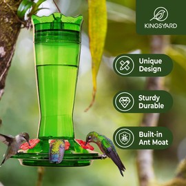 Kingsyard Glass Hummingbird Feeder for Outdoors Hanging - 6 Bee Guard Feeding Ports & Built-in Ant Moat, Wild Bird Feeder for Outside Garden Yard Patio 14 Oz, Green