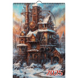 2025 Wall Calendar [12 pages 8"x12"] Incredible Steampunk Buildings with Incredible Clocks Vintage Book Illustration Poster