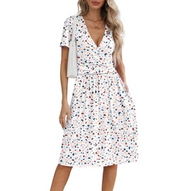 NILOUFO Women's Summer Casual Dress Short Sleeve Wrap V Neck Midi Dresses with Pockets (Colored Spots, X-Large)