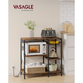 VASAGLE Baker's Rack, Coffee Bar Stand with Charging Station, 35.6 Inches Tall, Storage Shelves, Pull-Out Wire Basket, Table for Microwave, Kitchen, Rustic Brown and Ink Black UKKS036K01