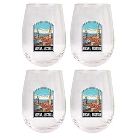 R and R Imports Vienna Austria Design B Souvenir 15 oz Stemless Wine Glass 4-Pack