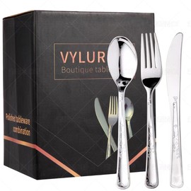 210-Piece Premium Plastic Cutlery Set: Includes 90 Forks, 60 Spoons, 60 Knives - Heavy-Duty Disposable Silverware for Parties, Weddings & Catering Events - Elegant & Durable Utensils Kit (Silver)