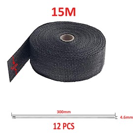 Hitzeschutzband, Foneso 15M Hitzeschutzband Auspuff Schwarz mit 12 Edelstahl Kabelbinder, für Motorrad Fächerkrümmer Thermoband Krümmerband