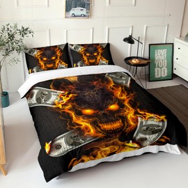 AILONEN Skull Duvet Cover Set King Size, Cool Fire Skull with Paper Money Bedding Set for Kids Boys Girls,Ghost Skull Comforter Cover,Skeleton Bones Duvet Cover,3 PCS,1 Quilt Cover and 2 Pillowcases