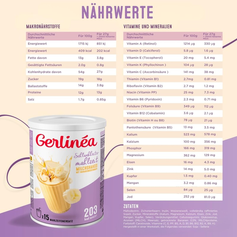 Gerlinéa Drink Milkshake Flavour Banana - Protein-Rich Meal Replacement -