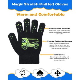 SATINIOR 6 Pairs Trucks Pattern Stretch Gloves Kids Winter Knitted Gloves for Boys Girls, Kid Children Toddler, Black, 5-11 years old