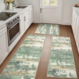 GENIMO Kitchen Rugs Sets of 3 Non Slip Washable Kitchen Mats for Floor, Waterproof Abstract Kitchen Runner Rug, Floor Mat Carpet for Hallway, Laundry, Sink, Entryway, Bathroom, Green