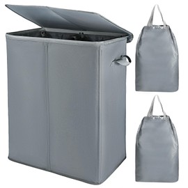 Voova 154L Double Laundry Hamper with Lid and 2 Removable Laundry Bags, Large Collapsible 2 Dividers Dirty Clothes Basket with Handles for Laundry Room, Bedroom, Bathroom, College Dorm, Grey
