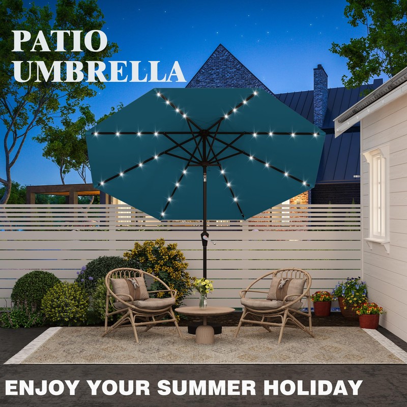 AreShark 9FT Solar Umbrella 32 LED Lighted Patio Umbrella Table