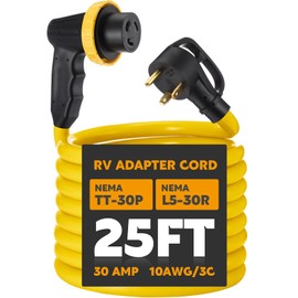 Kanayu 25ft 30 Amp RV Adapter RV Extension Cord with Locking Connector Plug NEMA TT-30P to L5-30R, Generator Extension Power Cord Adapter Plug with 90° Grip Handle, 10AWG/3C STW, ETL Listed