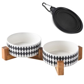 Petygooing Ceramic Dog Bowl Set with Stand,Cat Dog Food and Water Bowl,Small Dog Bowls Anti -Slip Set of 2 Cat Dog Bowls-Dog Food Bowls- Dog Bowls Small Medium Size Dog (28OZ/6.1 in) Black Rhombus