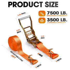 2Pack Ratchet Straps Heavy Duty-2 Inch x 20 Feet(7,500lb Break Strength), Tie-Down Ratcheting with J-Hook Cargo Straps Tiedown Ratchet for Moving and Transports with Trailers, Pickup, Flatbed Trucks