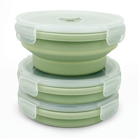 Lunbengo 3piece Collapsible Bowl with Lids, Microwave Silicone Meal Prep Lunch Containers, Ideal Food Bowls for Snacks, Fruits, Oatmeal, Camping Travel, Round, Green
