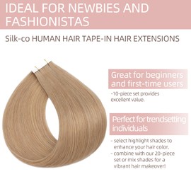 Silk-co Tape Extensions, Real Hair, Pack of 10, Remy Tape-In Extensions, Skin Weft Real Hair Extensions, Tape Glue, 25 g, 27# Dark Blonde, 60 cm
