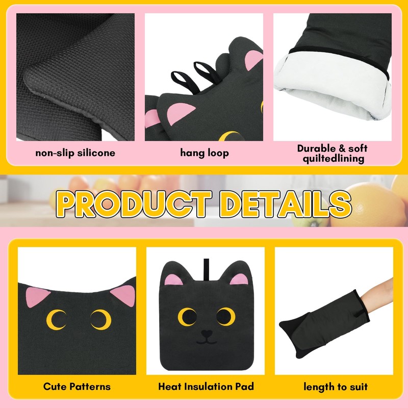 LSYDCARM Oven Mitts, Cute Black Cat Silicone Oven Mitts and