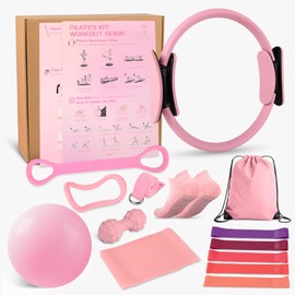 Home Pilates Essentials Kit for Women, Pilates Equipment Ring and Ball Set, Pink Workout Set Including Magic Circle, 5 Loop Bands ,Massage Ball, Premium Kits for Starter Toning Workouts at Home