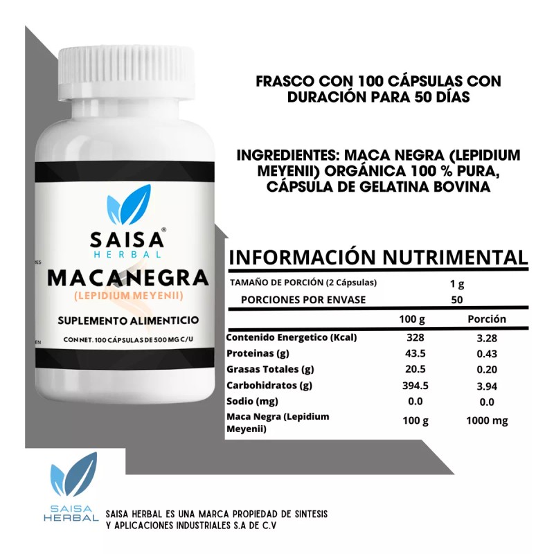 Saisa Herbal Maca Negra Orgánica 100% Pura Con 100 Cápsulas