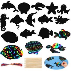 COMNICO 36pcs Scratch Paper Art for Kids Ocean Animals Scratch 12 Styles Rainbow Fish with Wooden Stick and Ribbon Summer Scratch Card for DIY Crafts Home Decoration Rainbow Arts Under The Sea Party