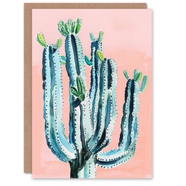 Artery8 Greeting Card Desert Cactus Pastel Colour Pink Teal Watercolour Blank For Him Or Her Art Birthday Card