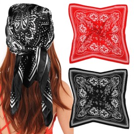 Nogeqi Pack of 2 Bandana Men Women, Satin Paisley Neckerchief 70 x 70 cm Silk Headscarf Women's Square Printed Silk Scarf Hair for Headwear Hair Scarf Neck Wrist (Red, Black), black