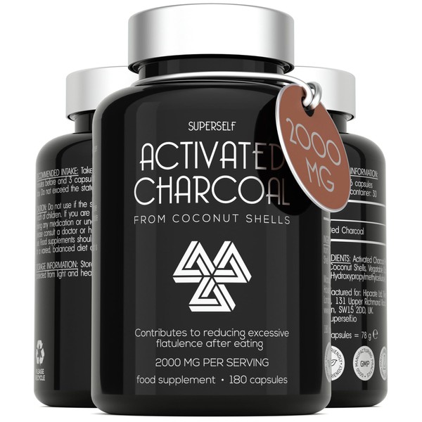 Activated Charcoal Tablets 2000mg - High Strength Charcoal Tablets for Flatulence - 180 Capsules Pure Charcoal from Wild Coconut Shells - 6 Capsules Serving - Active Charcoal Supplement for Adults