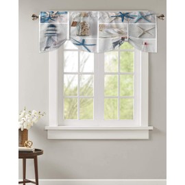 Summer Coastal Grid Tie Up Valance for Kitchen Windows, Ocean Starfish Lighthouse Tie-up Curtain Shade Valances 42"x12" Rod Pocket Short Curtains Window Treatment for Living Room Nautical Theme