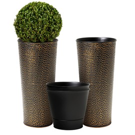 Worth Garden 2-Pack 25" H. Metal Planter with 2X Inside Pots - Hand-Hammered Texture Tall Cone Plant Pots - Large Handcrafted Black Flower Pot for Indoor Outdoor, Deck, Patio, Front Porch (Bronze)