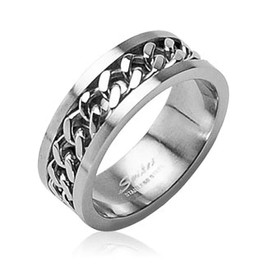 Autiga Men's Women's Stainless Steel Ring Silver Chain Inlay Chain Ring Spinner, Stainless Steel
