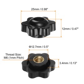 sourcing map 6pcs Star Knobs M6 Female Thread 25mm 6-Point Plastic Head Brass Insert Through Hole Screw-in Threaded Hand Knob Clamping Handle, Black