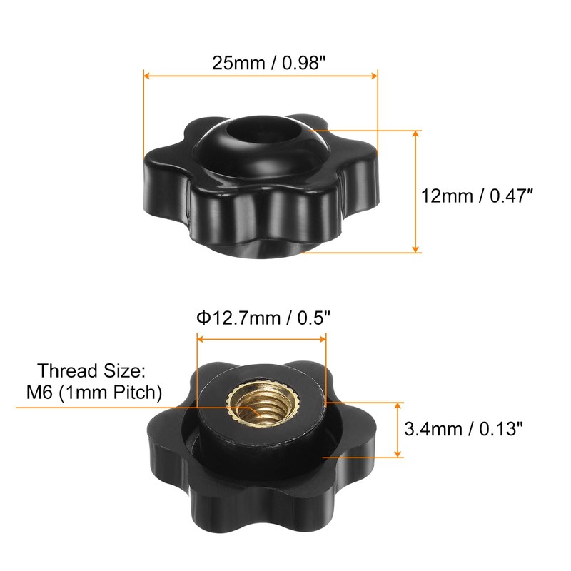 sourcing map 6pcs Star Knobs M6 Female Thread 25mm 6-Point