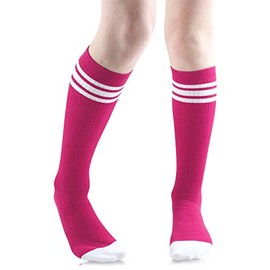 juDanzy Tall Knee High Sport Socks with Stripes and Anti-Slip Grips for Kids Toddlers and Children (2-4 Hot Pink/White)