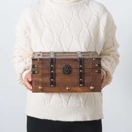 SLPR Alexander Small Wooden Treasure Chest - 11" x 7" x 5.5", Wood Storage Box with Hinged Lid, Decorative Trunk for Keepsakes, Vintage Pirate Chest for Classroom