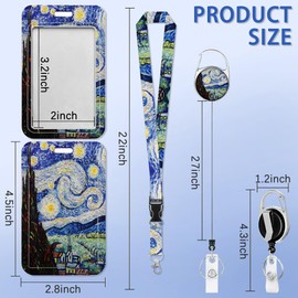Starry Night Van Gogh Badge Holder Plastic Case with Retractable Badge Reel Carabiner Clip and Detachable Lanyard Strap Fashionable Vertical Card Protector for Women Nurse Teacher Student