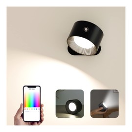 Feallive LED Wandleuchte Innen, Wandlampe mit Akku 1 Stück,Touch Control 3 Helligkeitsstufen, 360° drehbare, für Wohnzimmer Schlafzimmer TreppenhausFlur kabellose wandleuchten (Schwarz+Buntes Licht)