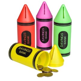 Colorful Cool 6" Crayon Savings Money Coin Banks (12 Pack) Green, Red, Yellow and Purple! Plastic. Individually Packaged.