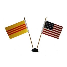 USA & SOUTH VIETNAM Small 4 X 6 Inch Mini Double Country Stick Flag Banner with BLACK STAND on a 10 Inch Plastic Pole New