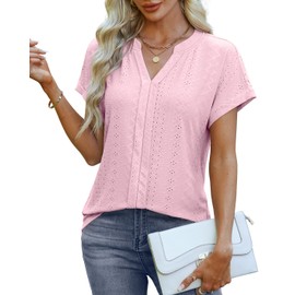 Hot Weather Clothes Cute Tops for Women Summer Outfits Business Casual Eyelet Short Sleeve Blouse Beach Wear Pink Ladies Spring L