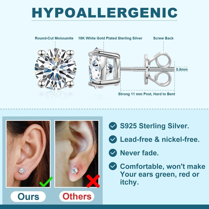 Moissanite Earrings, 3-10MM Diamond Stud Earrings For Women Men 925