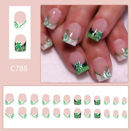 St. Patrick Press on Nails Short Square White French Fake Nails Green False Nails with Four-Leaf Clover Design Acrylic Nails Nude Glue on Nails Full Cover Glitter Stick on Nails for Women 24 Pcs