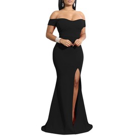 YMDUCH Women's Off Shoulder High Split Long Formal Party Dress Evening Gown Black