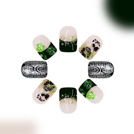 St.Patrick's Day Press on Nails Short Square Fake Nails with Shamrock & Lips Design Green Glitter Press on Nails Glossy False Nails Black Nail Tip Acrylic Nails for Women St.Patrick’s Day Nail Art