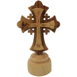 Needzo Small Standing Olive Wood Jerusalem Cross on Base, Bethlehem Wooden Crosses Religious Home Decor, Holy Land Crucifix Decorations for Tables, 4"