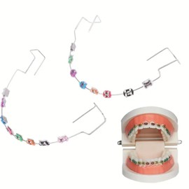 2 Pairs Colorful Metal Bracket and Orthodontic Ligature Ties,Temporary Tooth Decoration with Metal Wires,Practice Props for Dental Students,Dental Decorations,Metal Brackets and Orthodontic Ligatures