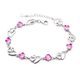 Baobei Women's Heart Anklet 925 Sterling Silver Purple Pink Cubic Zirconia Heart Infinity Heart Anklet Elegant Fine Jewellery for Women Girls with Jewellery Box, Silver, rose