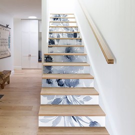 Flortlias 15Pcs Leather Textured Vinyl Peel and Stick Stair Riser Decals, Self-Adhesive Staircase Riser Stickers, 39.37"x7.09" Large Watercolor Lavender&Blue Flowers
